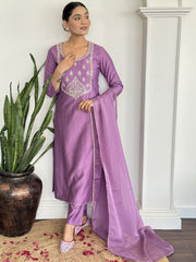 Women Floral Embroidered Silk Kurta with Pyjama & Dupatta