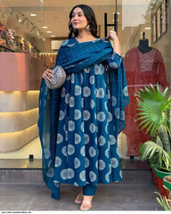 Geometric Printed Viscose A-Line Kurta With Palazzos And Dupatta