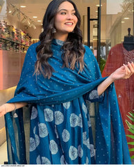 Geometric Printed Viscose A-Line Kurta With Palazzos And Dupatta