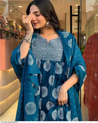 Geometric Printed Viscose A-Line Kurta With Palazzos And Dupatta