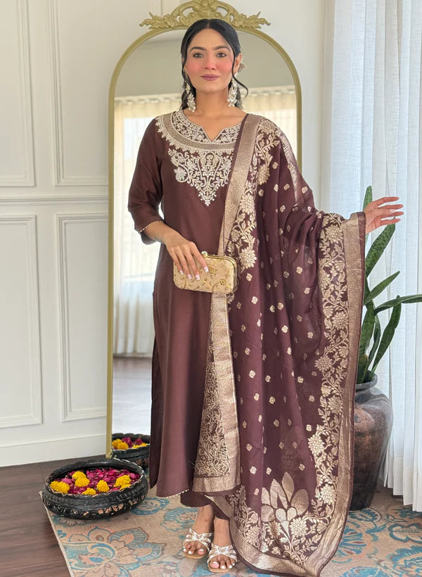 Elegant Solid Embroidered Kurta Set for Women – Festive Wear with Dupatta