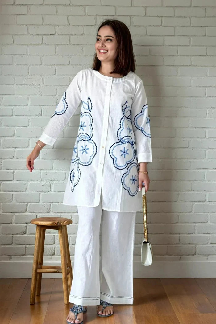 White Embroidered Shirt with Palazzo Cord-Set