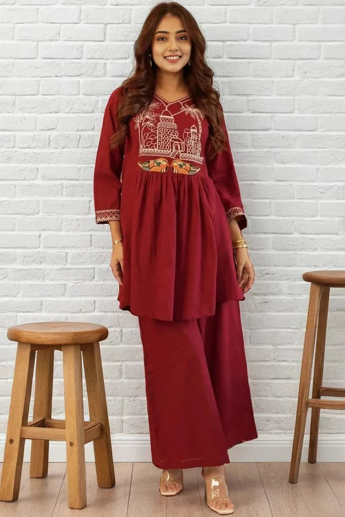 Maroon A-line Embroidery Kurta with Palazzo | Cord-Set
