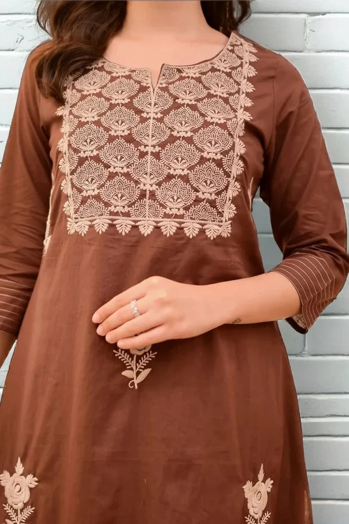 Women Brown Cotton Thread Embroidery Kurta Pant and Dupatta set