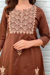 Women Brown Cotton Thread Embroidery Kurta Pant and Dupatta set