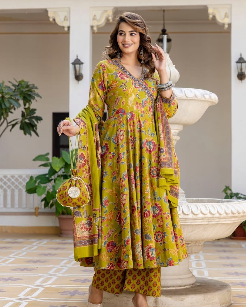 Floral Printed V-Neck Angrakha Anarkali Kurta With Trousers & Dupatta