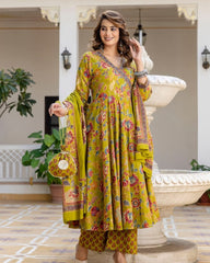 Floral Printed V-Neck Angrakha Anarkali Kurta With Trousers & Dupatta