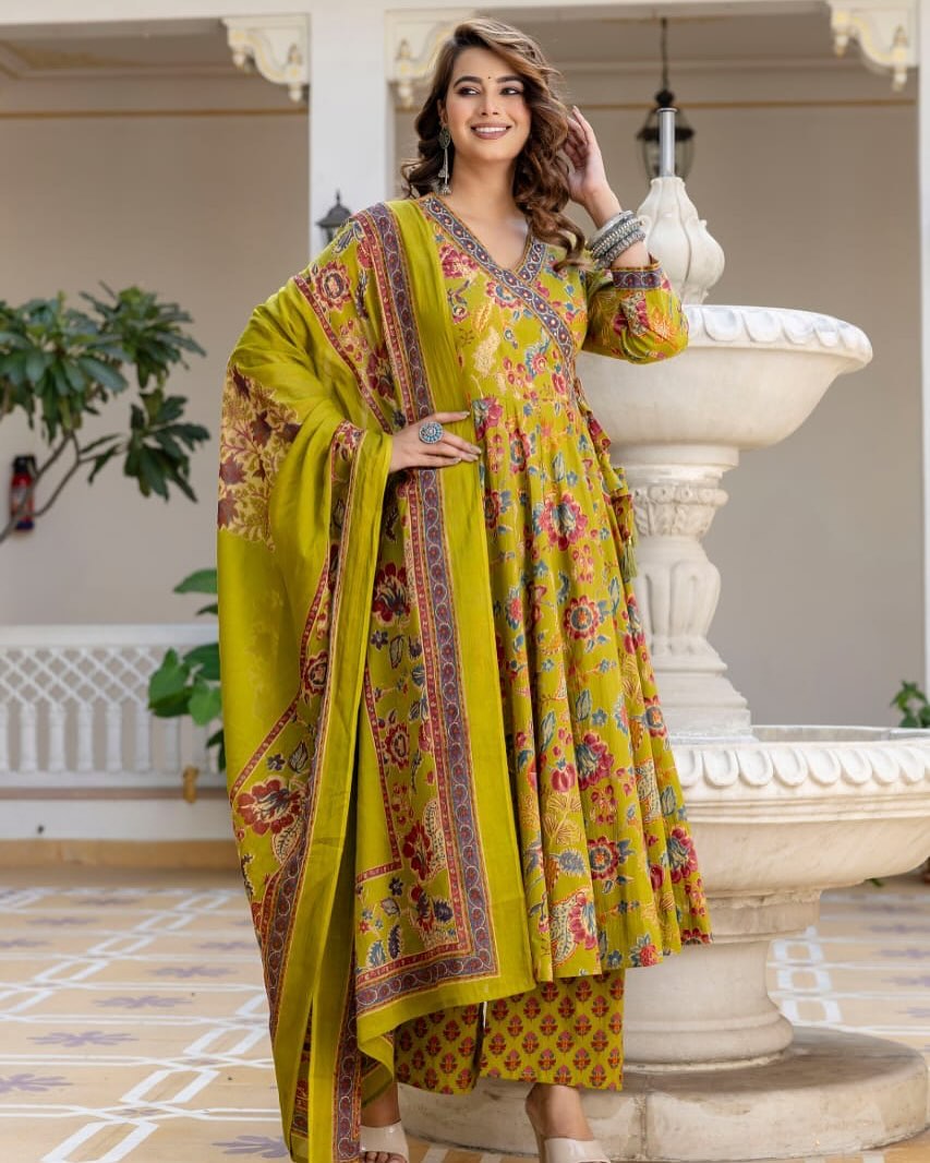Floral Printed V-Neck Angrakha Anarkali Kurta With Trousers & Dupatta
