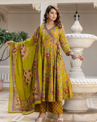 Floral Printed V-Neck Angrakha Anarkali Kurta With Trousers & Dupatta