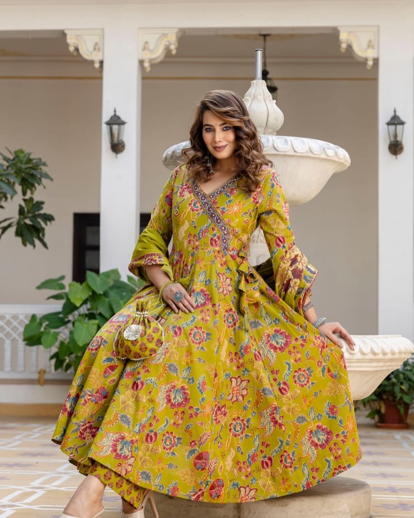 Floral Printed V-Neck Angrakha Anarkali Kurta With Trousers & Dupatta