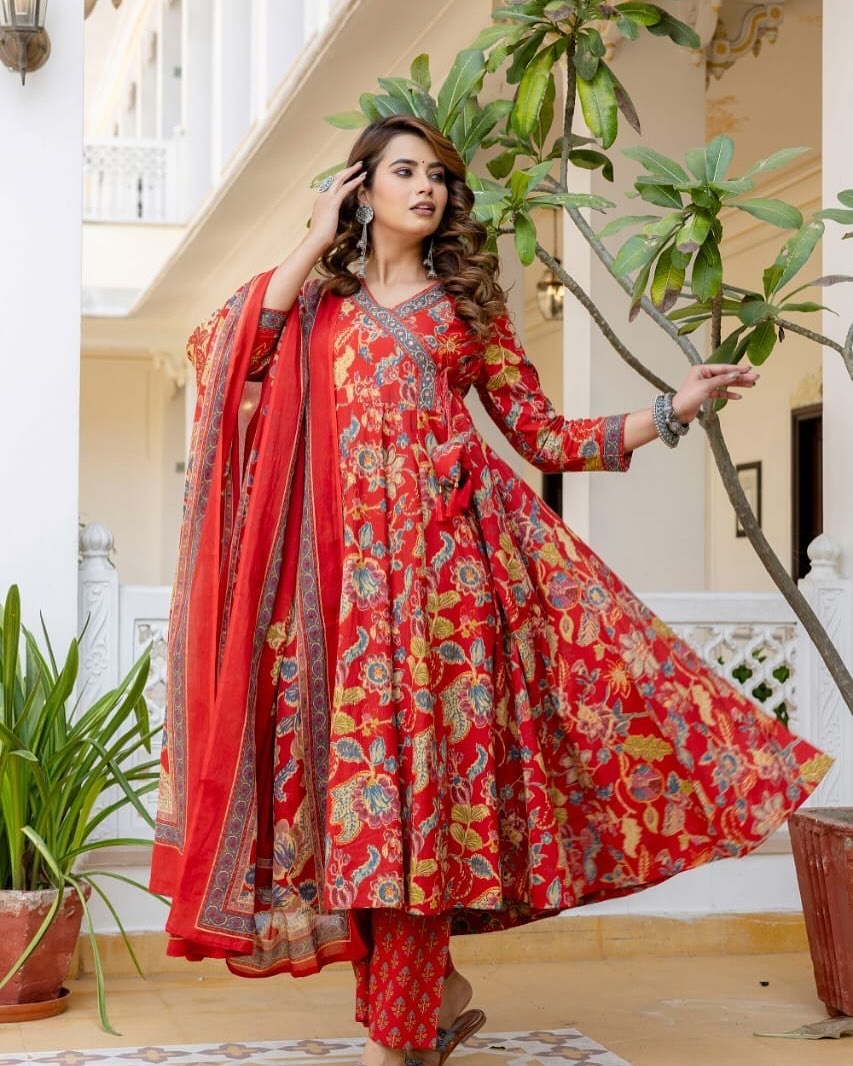Floral Printed V-Neck Angrakha Anarkali Kurta With Trousers & Dupatta