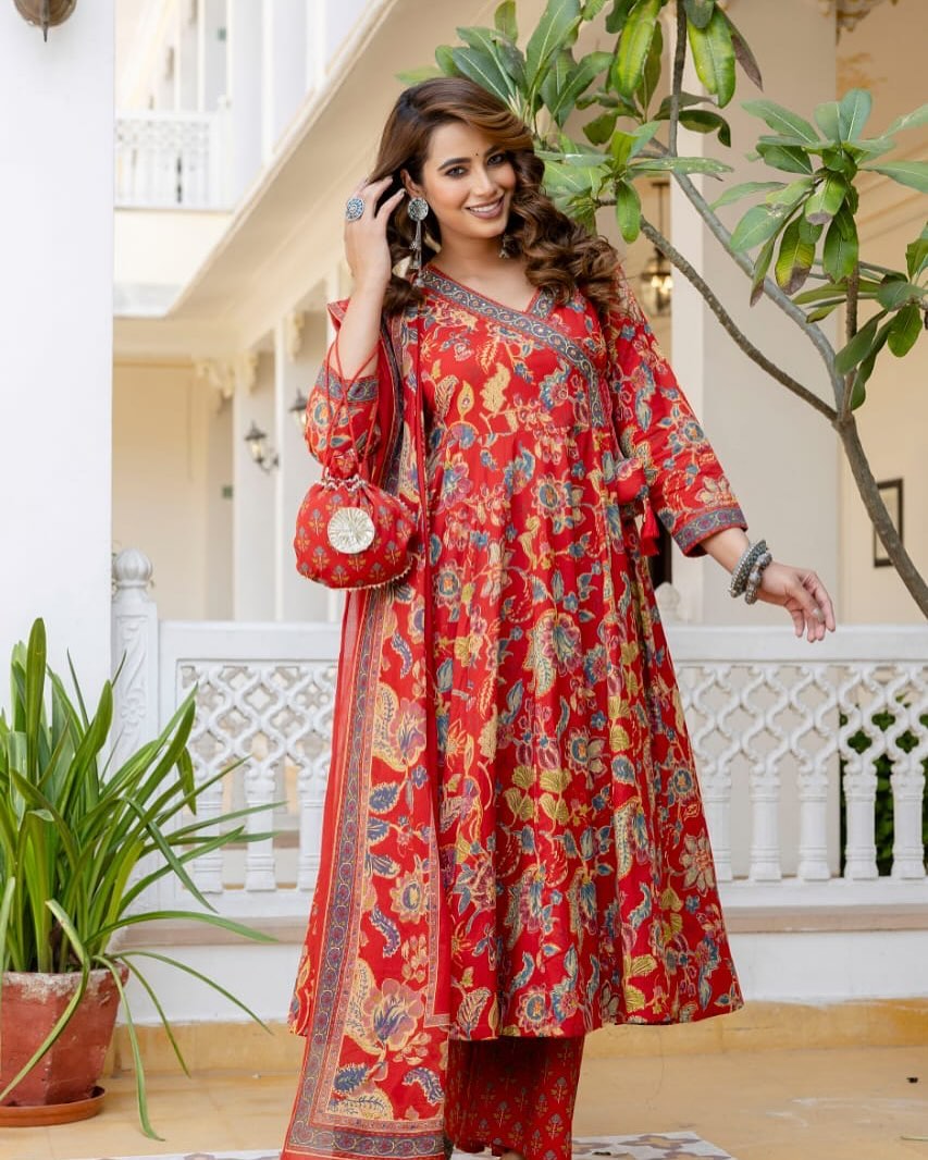 Floral Printed V-Neck Angrakha Anarkali Kurta With Trousers & Dupatta