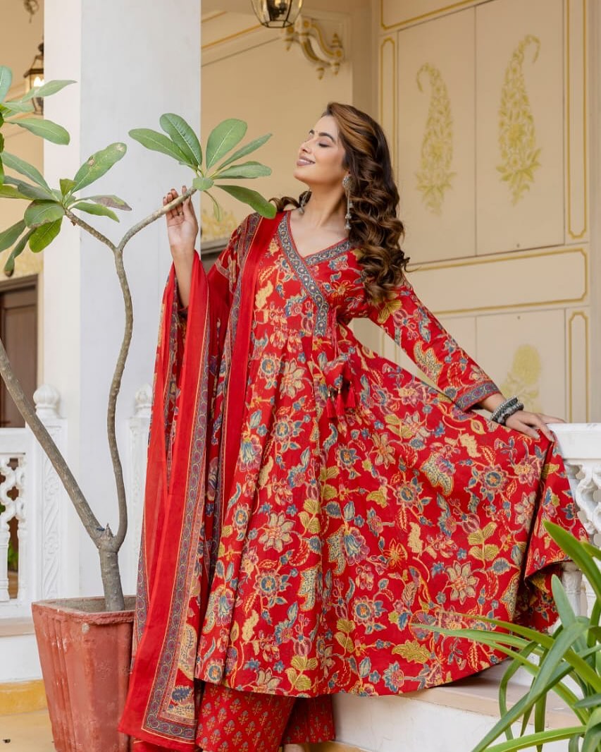 Floral Printed V-Neck Angrakha Anarkali Kurta With Trousers & Dupatta