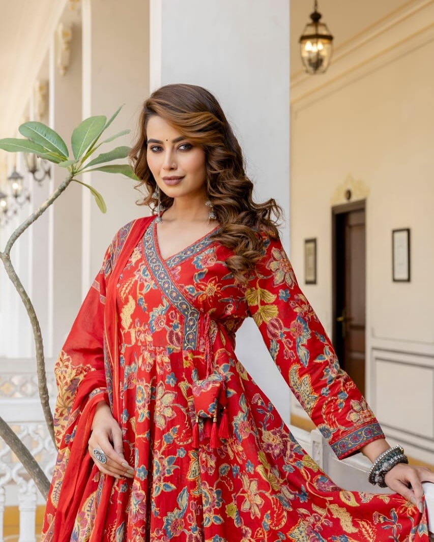 Floral Printed V-Neck Angrakha Anarkali Kurta With Trousers & Dupatta