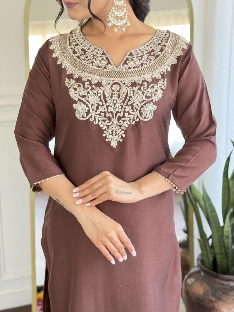 Elegant Solid Embroidered Kurta Set for Women – Festive Wear with Dupatta