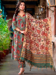 Floral Printed Empire Thread Work Pure Cotton Kurta & Trousers With Dupatta