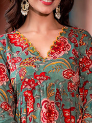 Floral Printed Empire Thread Work Pure Cotton Kurta & Trousers With Dupatta