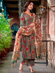 Floral Printed Empire Thread Work Pure Cotton Kurta & Trousers With Dupatta