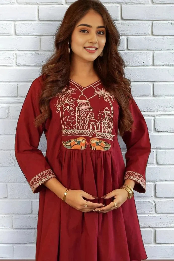 Maroon A-line Embroidery Kurta with Palazzo | Cord-Set