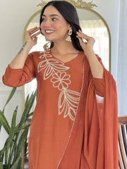 Women Floral Embroidered Silk Kurta with Trousers & Dupatta