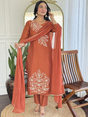 Women Floral Embroidered Silk Kurta with Trousers & Dupatta