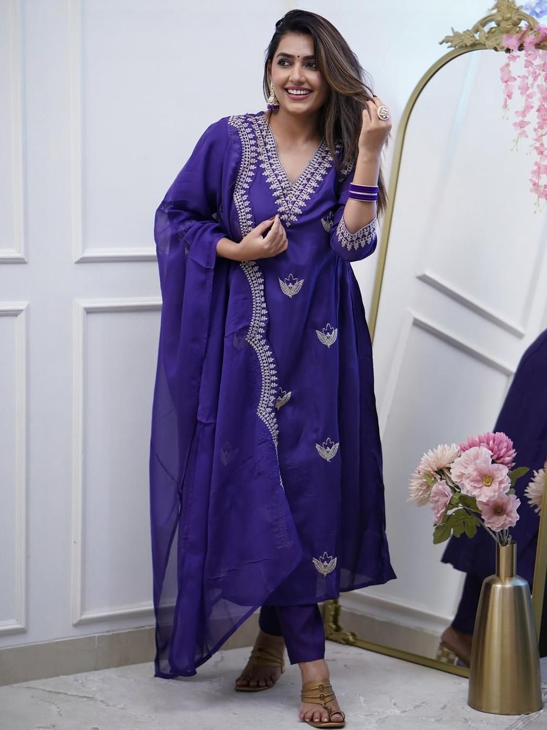 Blue Embroidered Chanderi Salwar Kameez With Dupatta