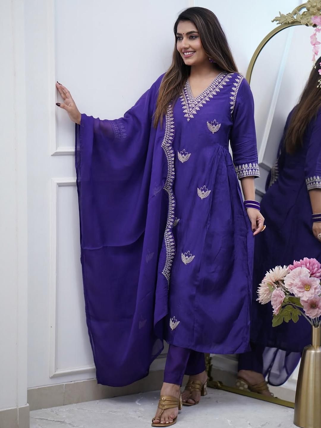 Blue Embroidered Chanderi Salwar Kameez With Dupatta