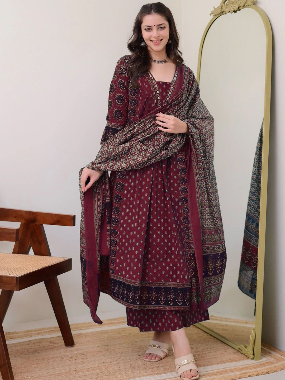 Women's Rayon Printed Anarkali Kurta and Pant with Dupatta Set Maroon
