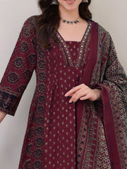 Women's Rayon Printed Anarkali Kurta and Pant with Dupatta Set Maroon