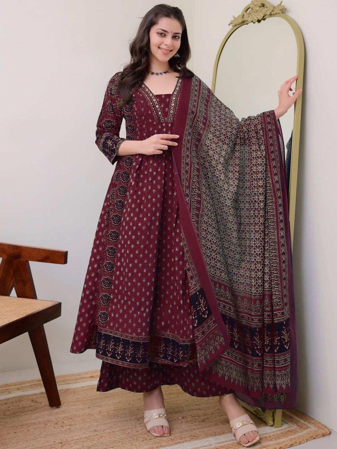 Women's Rayon Printed Anarkali Kurta and Pant with Dupatta Set Maroon