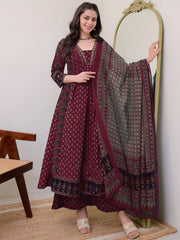 Women's Rayon Printed Anarkali Kurta and Pant with Dupatta Set Maroon