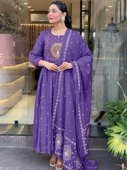 Women Ethnic Motifs Printed Tiered Thread Work Kurta with Trousers & Dupatta