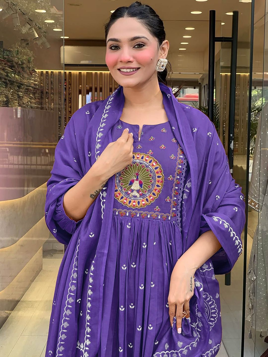 Women Ethnic Motifs Printed Tiered Thread Work Kurta with Trousers & Dupatta
