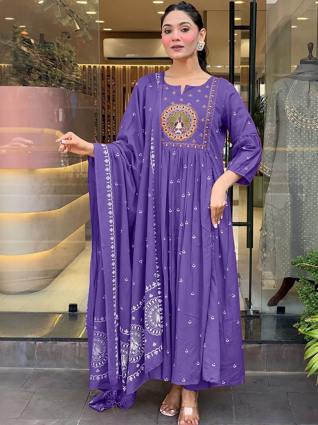 Women Ethnic Motifs Printed Tiered Thread Work Kurta with Trousers & Dupatta