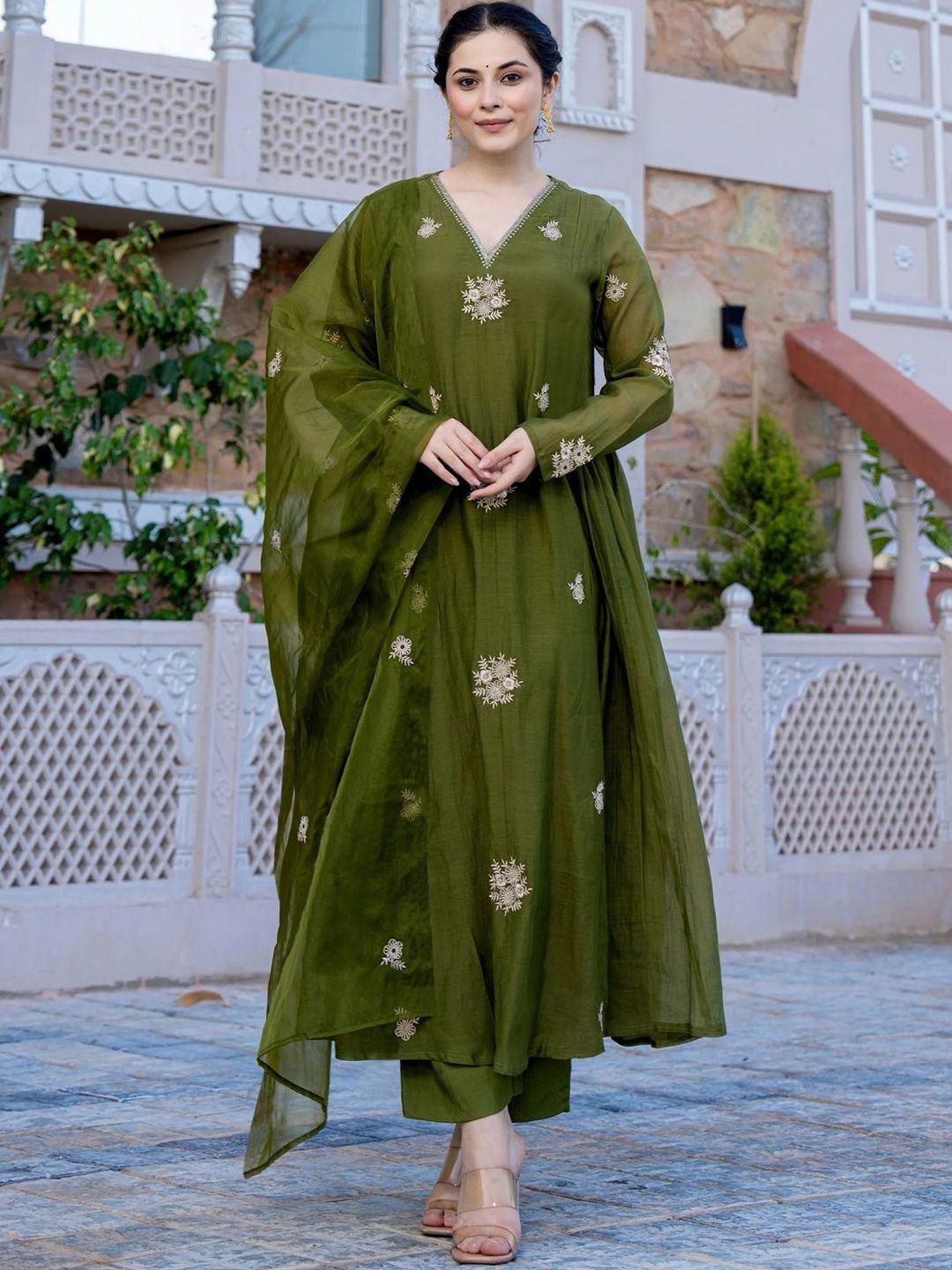 Bottle Green Anarkali set with embroidery work Premium A Line Suit