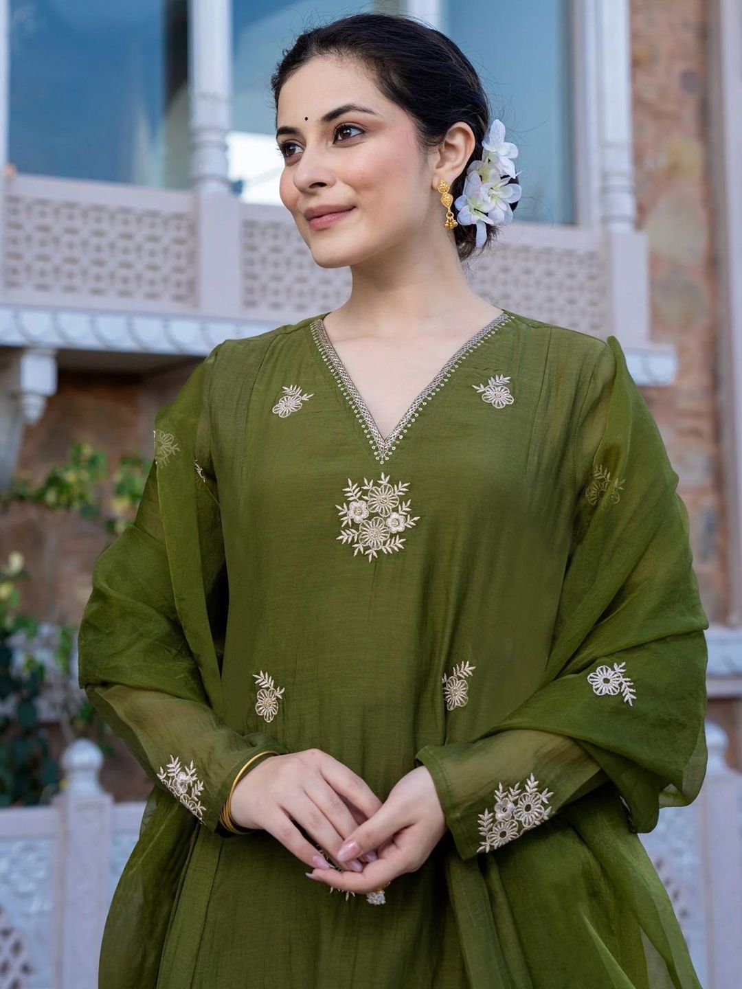 Bottle Green Anarkali set with embroidery work Premium A Line Suit