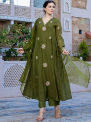 Bottle Green Anarkali set with embroidery work Premium A Line Suit