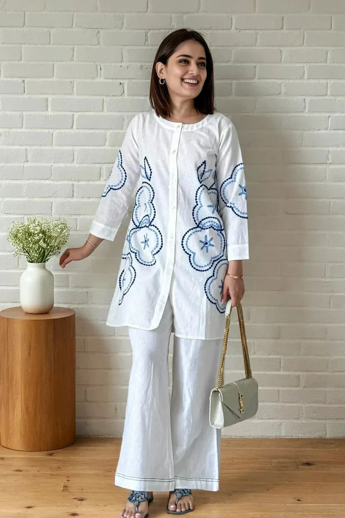 White Embroidered Shirt with Palazzo Cord-Set