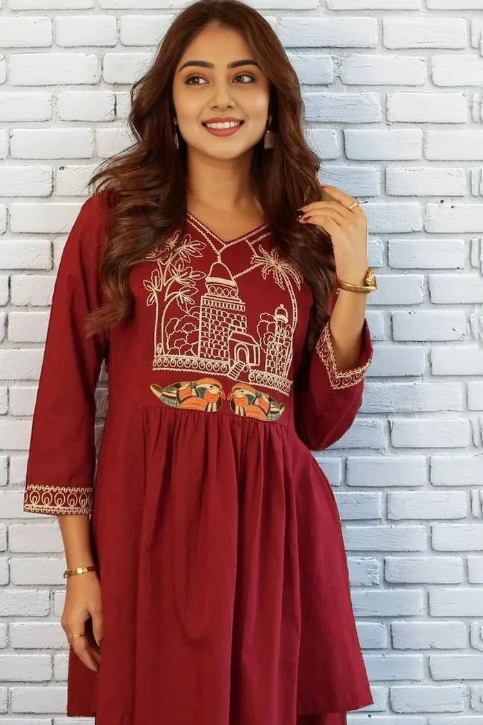 Maroon A-line Embroidery Kurta with Palazzo | Cord-Set