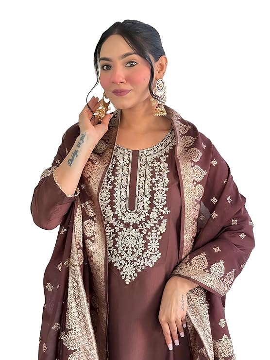 Designer Women’s Embroidered Suit with Dupatta | Premium Pure Silk Ethnic Party Outfit