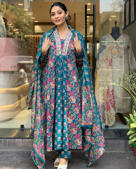 Blue Floral Printed Embroidered Cotton Suit Set