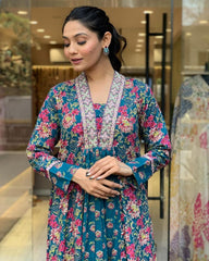 Blue Floral Printed Embroidered Cotton Suit Set