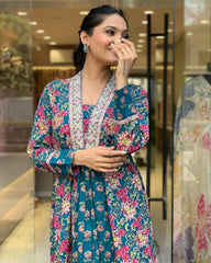 Blue Floral Printed Embroidered Cotton Suit Set