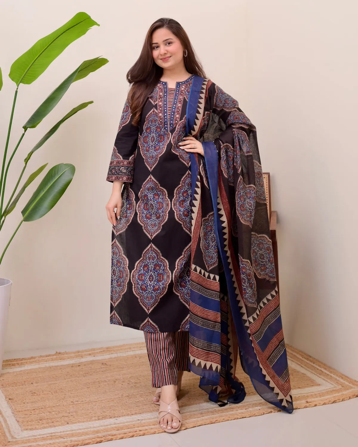 Black Ajrak Printed Cotton Kurta Pant and Duppata Set