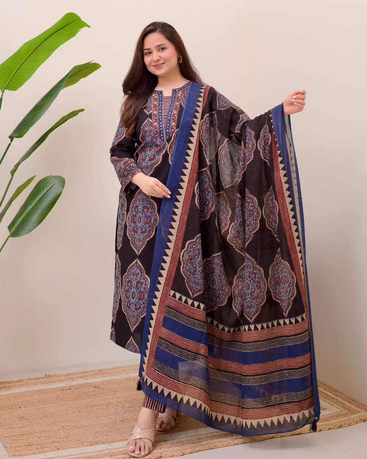 Women Viscose Printed Kurta and Pant Set with Dupatta | Ajrak Prints