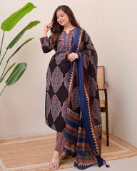 Black Ajrak Printed Cotton Kurta Pant and Duppata Set