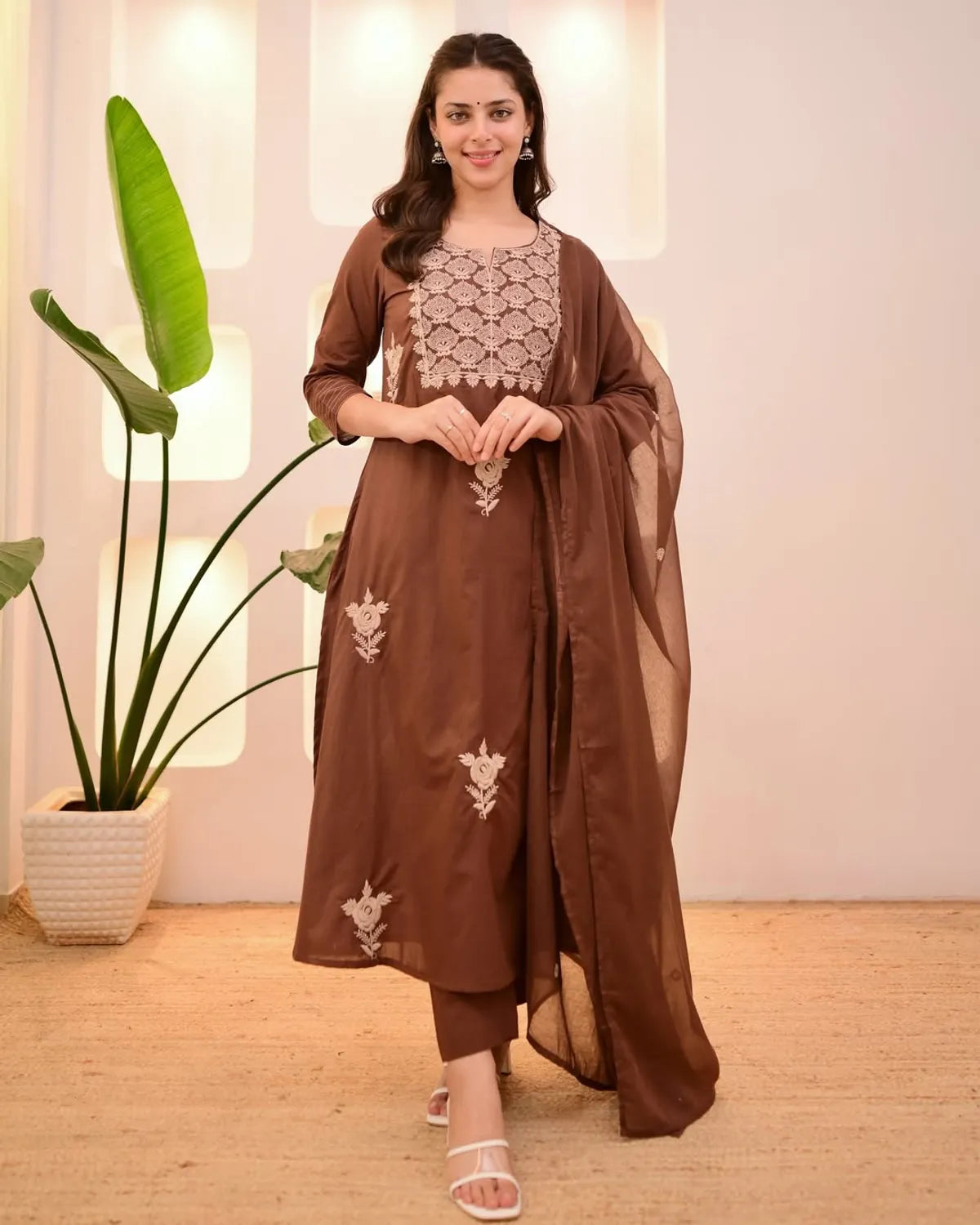 Women Brown Cotton Thread Embroidery Kurta Pant and Dupatta set