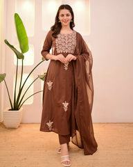 Women Brown Cotton Thread Embroidery Kurta Pant and Dupatta set