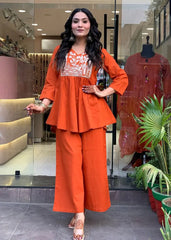 Orange Embroidered Cotton Slub Kurta and Pant Cord-Set