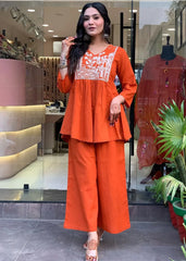 Orange Embroidered Cotton Slub Kurta and Pant Cord-Set